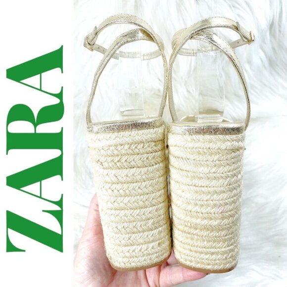 ZARA Gold Strappy Stacked Platform Wedge Open Toe Summer Sandal, Size 40 - Picture 7 of 11